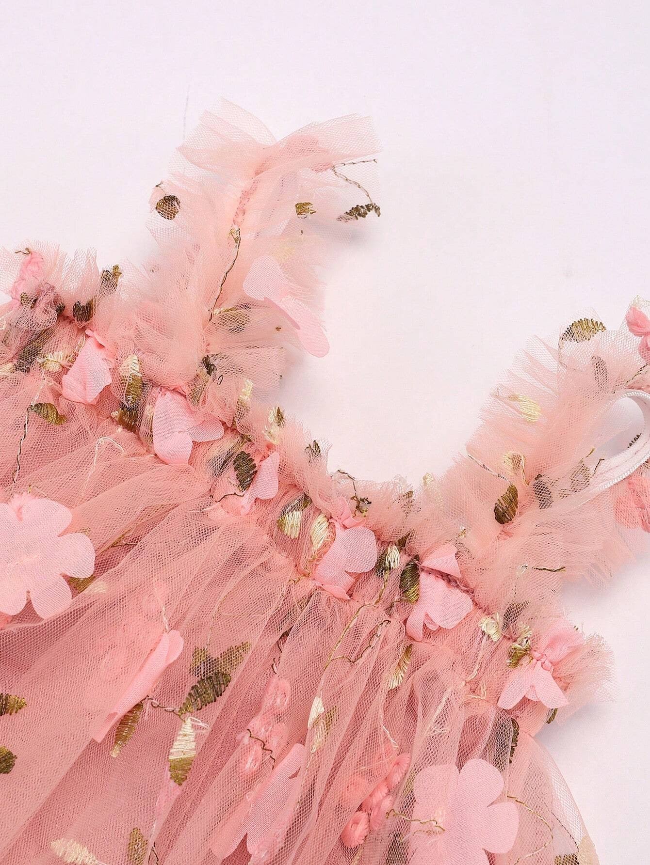 Young Girl Children Embroidered Flower Sleeveless Dress, Sweet Princess Dress, Mesh Puff With Matching Flower Headband
