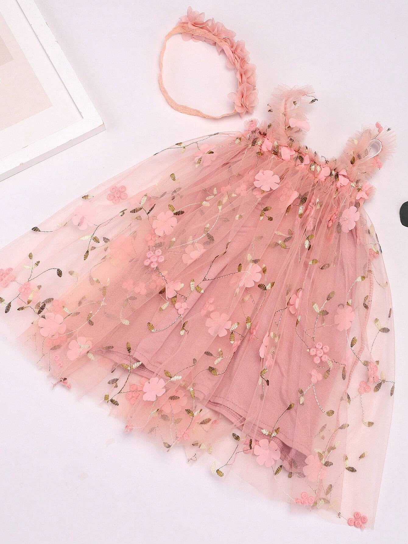 Young Girl Children Embroidered Flower Sleeveless Dress, Sweet Princess Dress, Mesh Puff With Matching Flower Headband