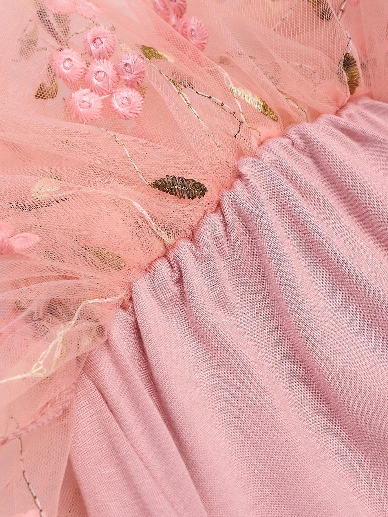 Young Girl Children Embroidered Flower Sleeveless Dress, Sweet Princess Dress, Mesh Puff With Matching Flower Headband