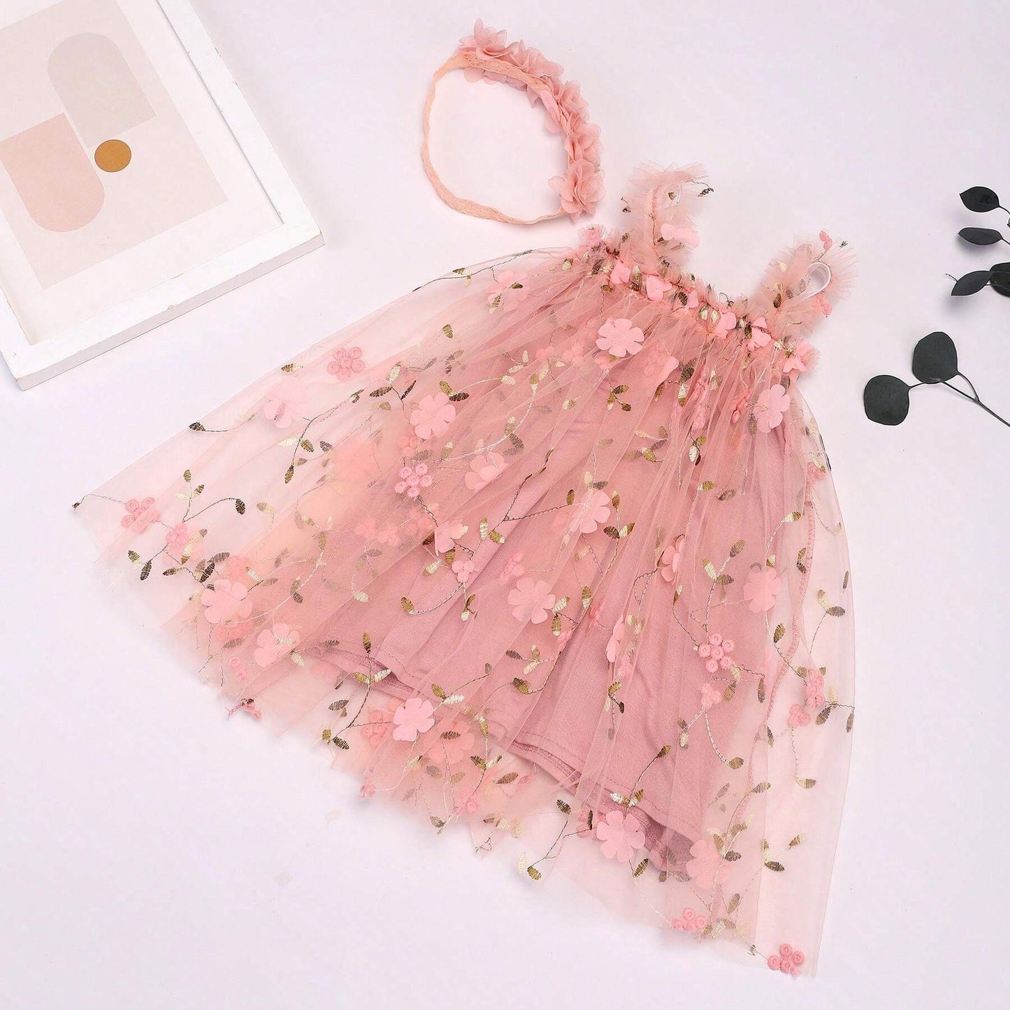 Young Girl Children Embroidered Flower Sleeveless Dress, Sweet Princess Dress, Mesh Puff With Matching Flower Headband