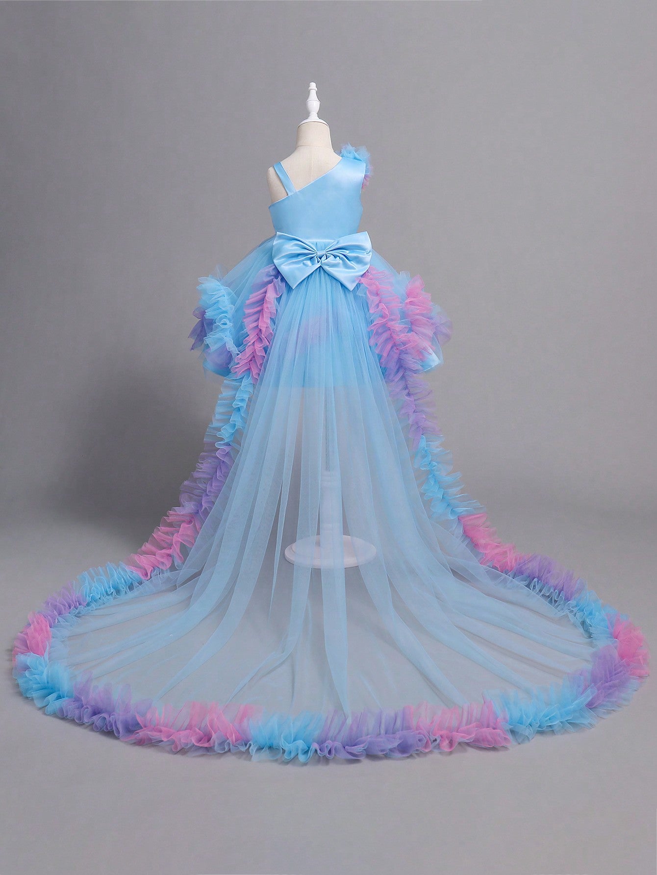 Asymmetrical Princess Dress for Girls – Mesh Ruffle Gown with Train for Party & Wedding