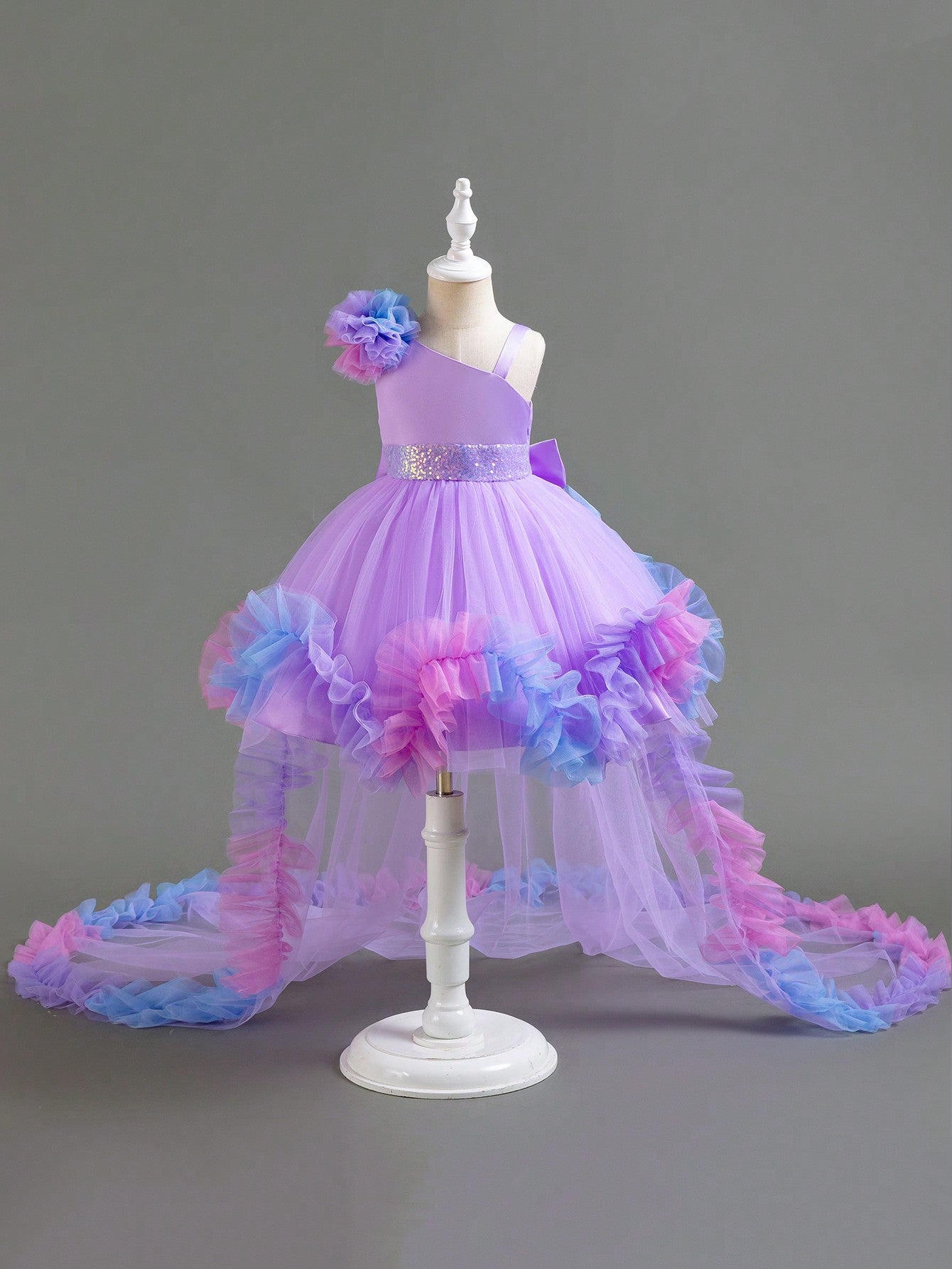 Asymmetrical Princess Dress for Girls – Mesh Ruffle Gown with Train for Party & Wedding