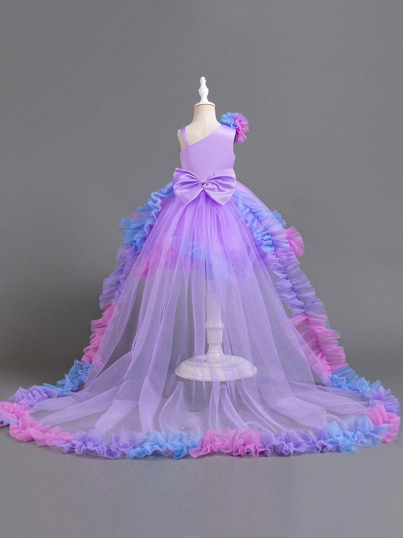 Asymmetrical Princess Dress for Girls – Mesh Ruffle Gown with Train for Party & Wedding