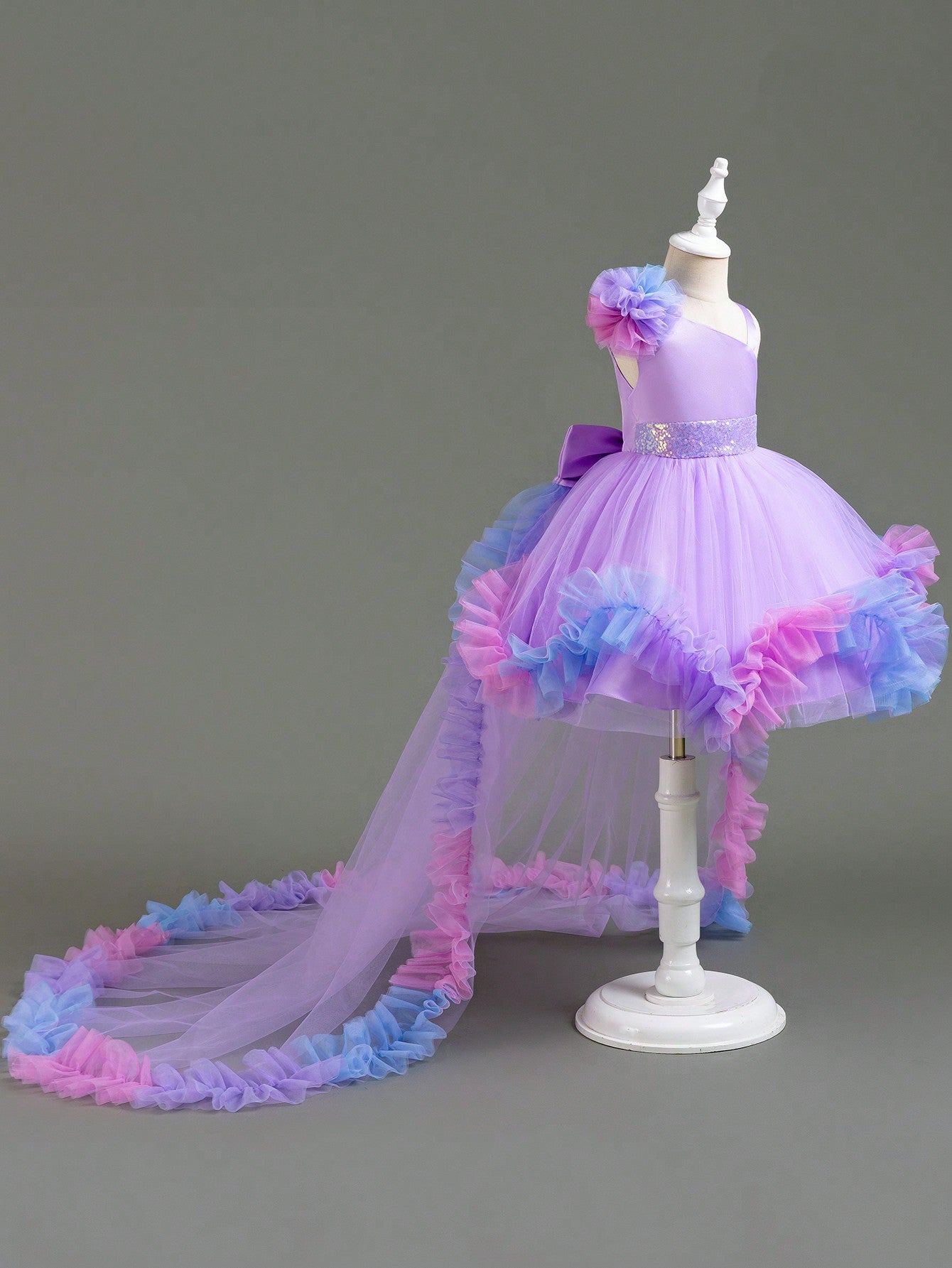 Asymmetrical Princess Dress for Girls – Mesh Ruffle Gown with Train for Party & Wedding
