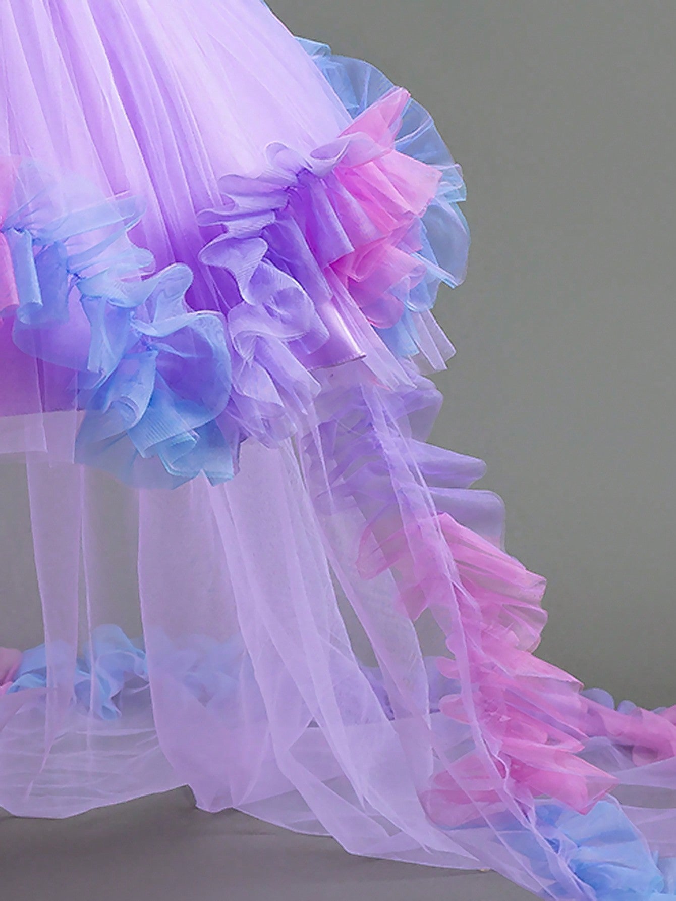 Asymmetrical Princess Dress for Girls – Mesh Ruffle Gown with Train for Party & Wedding