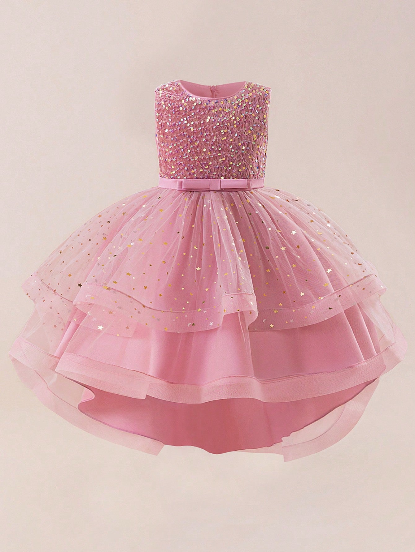 Glamorique Girls Luxury Red Sequin Sparkle Dress – Sleeveless Tulle Party Gown with Glitter Stars and Bow, Elegant Outfit for Christmas, Wedding, Holiday & Birthday