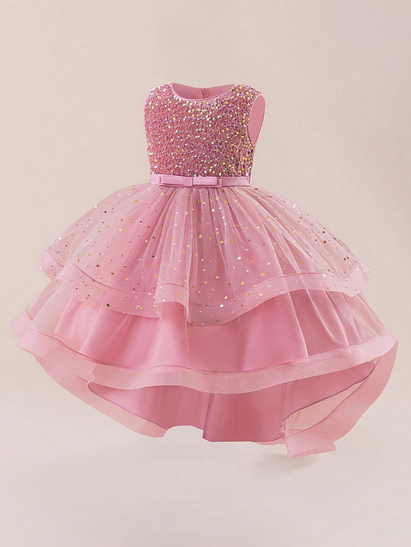 Glamorique Girls Luxury Red Sequin Sparkle Dress – Sleeveless Tulle Party Gown with Glitter Stars and Bow, Elegant Outfit for Christmas, Wedding, Holiday & Birthday
