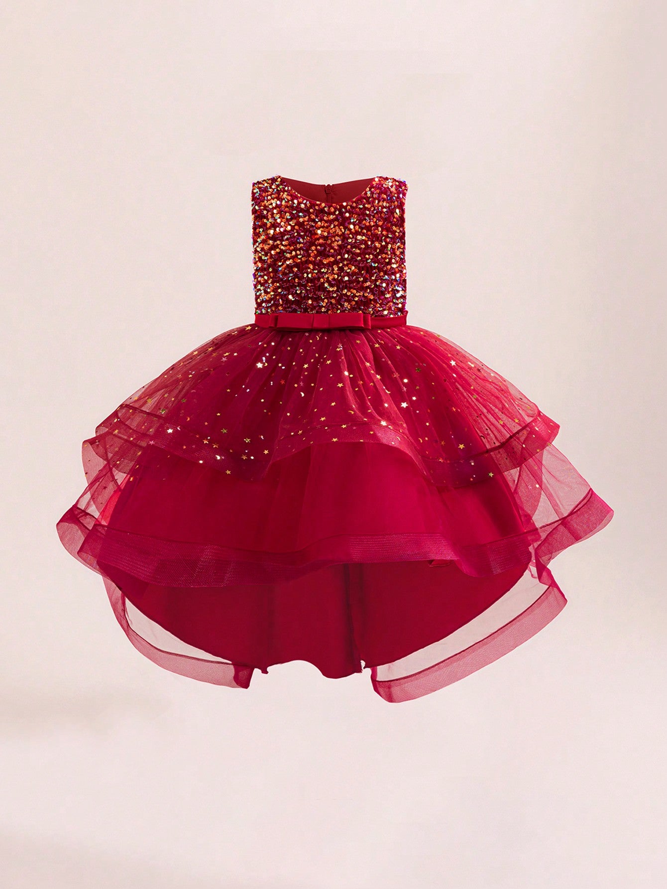 Glamorique Girls Luxury Red Sequin Sparkle Dress – Sleeveless Tulle Party Gown with Glitter Stars and Bow, Elegant Outfit for Christmas, Wedding, Holiday & Birthday
