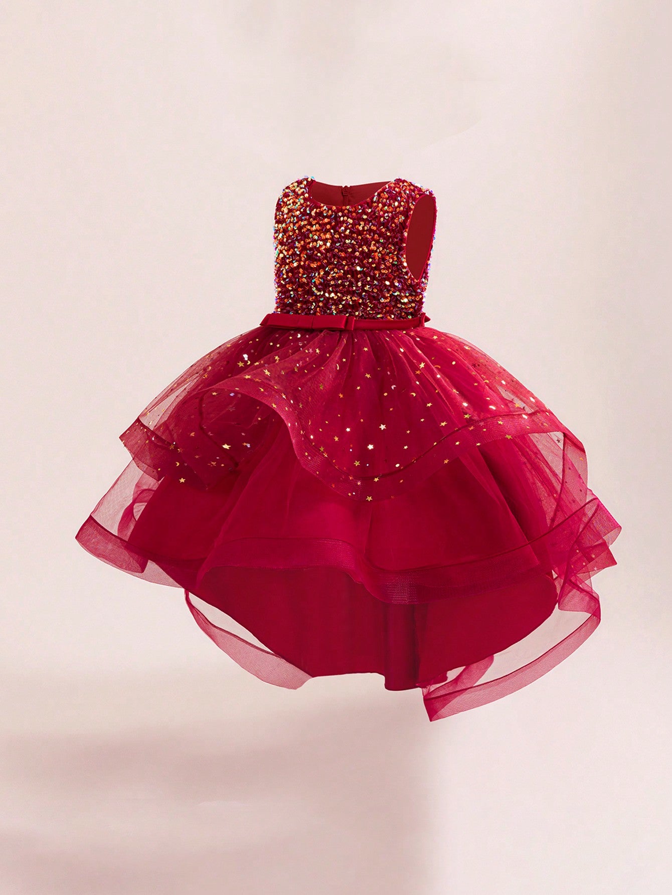 Glamorique Girls Luxury Red Sequin Sparkle Dress – Sleeveless Tulle Party Gown with Glitter Stars and Bow, Elegant Outfit for Christmas, Wedding, Holiday & Birthday