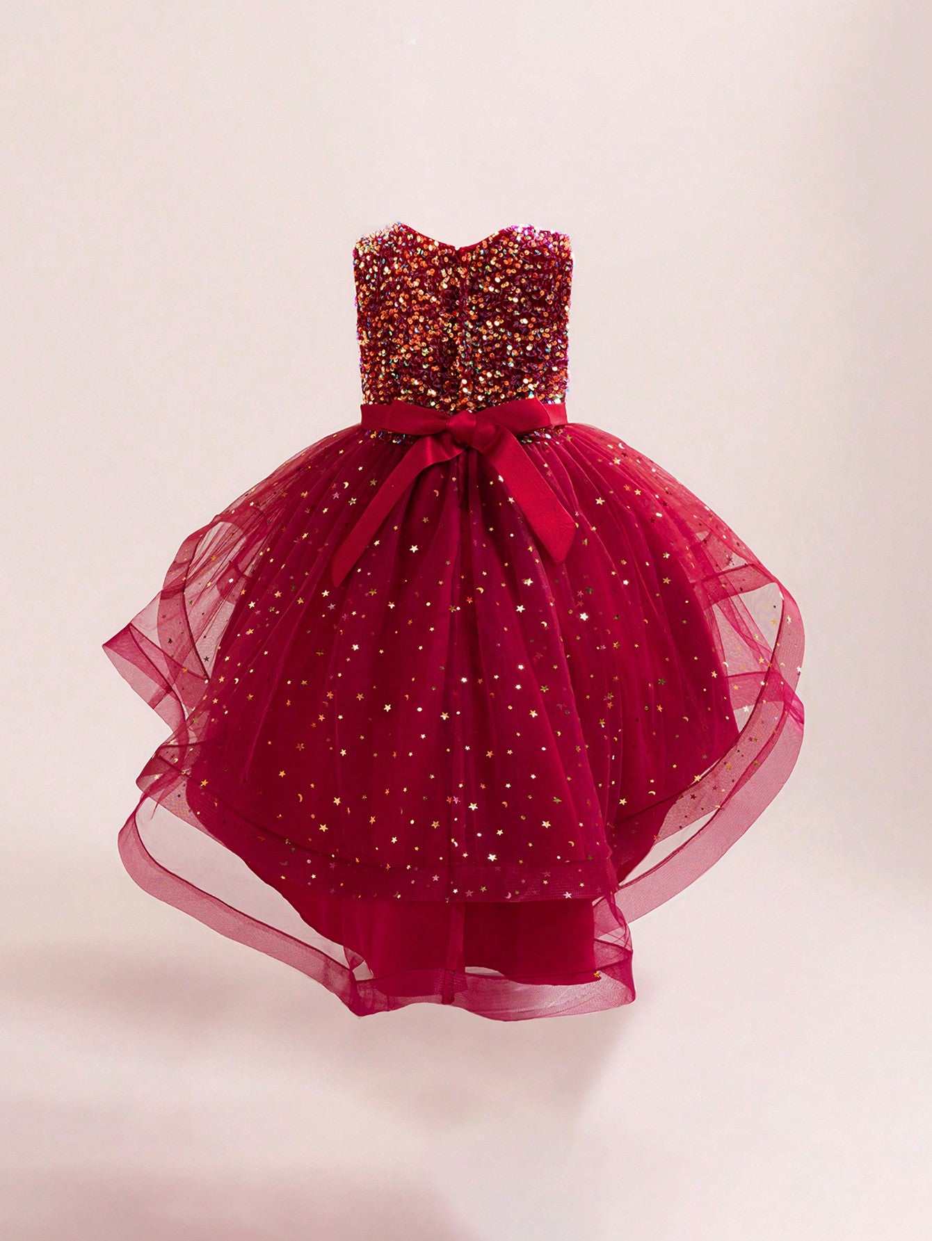 Glamorique Girls Luxury Red Sequin Sparkle Dress – Sleeveless Tulle Party Gown with Glitter Stars and Bow, Elegant Outfit for Christmas, Wedding, Holiday & Birthday
