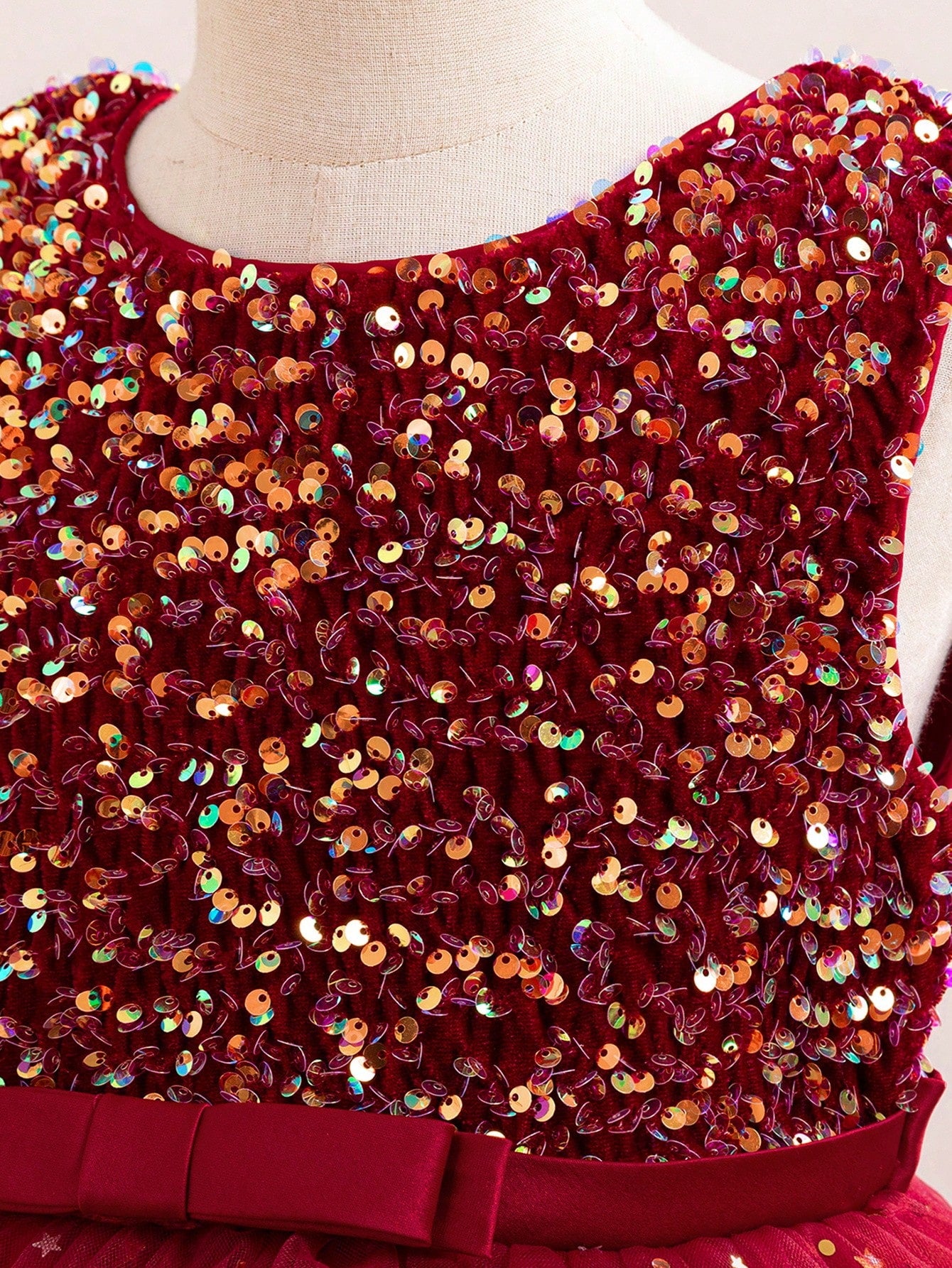 Glamorique Girls Luxury Red Sequin Sparkle Dress – Sleeveless Tulle Party Gown with Glitter Stars and Bow, Elegant Outfit for Christmas, Wedding, Holiday & Birthday