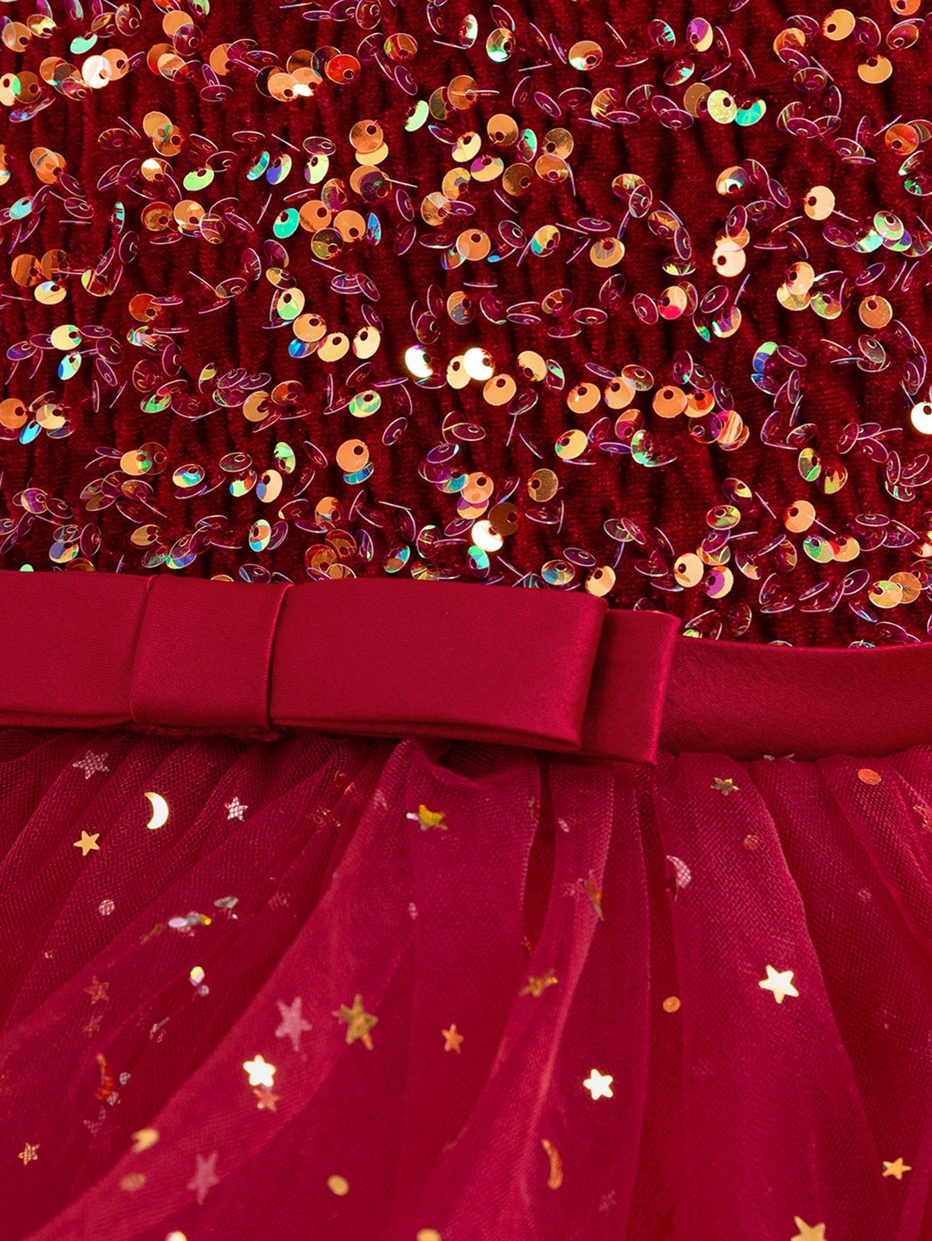 Glamorique Girls Luxury Red Sequin Sparkle Dress – Sleeveless Tulle Party Gown with Glitter Stars and Bow, Elegant Outfit for Christmas, Wedding, Holiday & Birthday