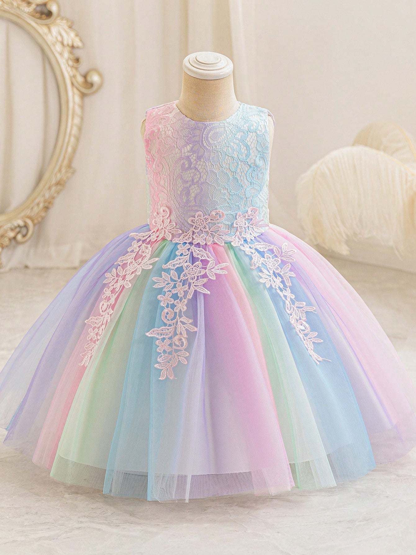 Glamorique Girls Rainbow Gradient Lace Tulle Dress – Summer Sleeveless Princess Gown for Birthday Party, Wedding, Pageant, Holiday Photoshoot