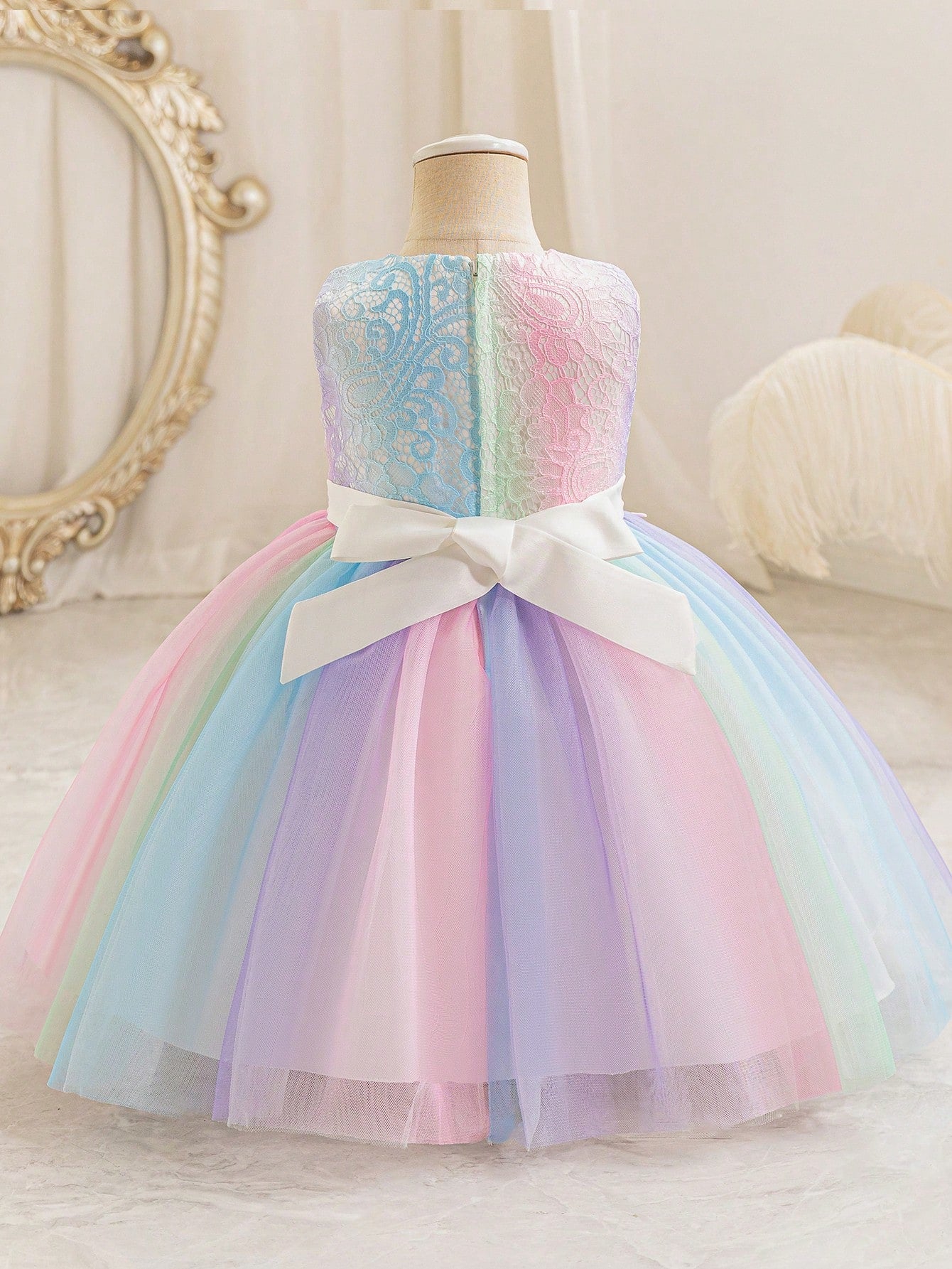 Glamorique Girls Rainbow Gradient Lace Tulle Dress – Summer Sleeveless Princess Gown for Birthday Party, Wedding, Pageant, Holiday Photoshoot