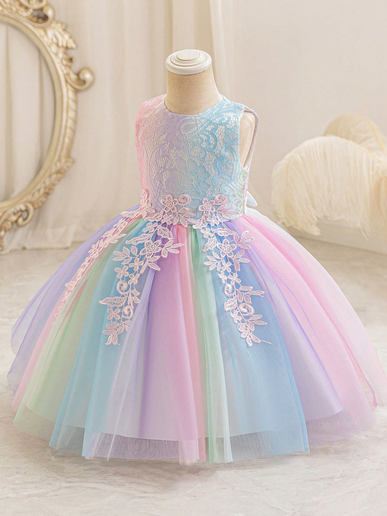 Glamorique Girls Rainbow Gradient Lace Tulle Dress – Summer Sleeveless Princess Gown for Birthday Party, Wedding, Pageant, Holiday Photoshoot