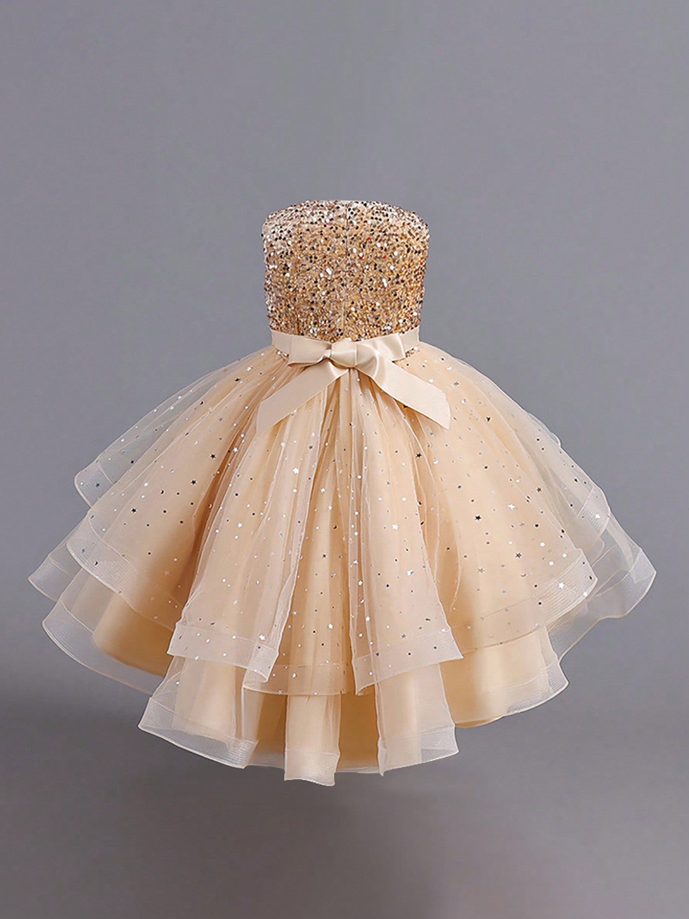 Glamorique Girls Luxury Red Sequin Sparkle Dress – Sleeveless Tulle Party Gown with Glitter Stars and Bow, Elegant Outfit for Christmas, Wedding, Holiday & Birthday