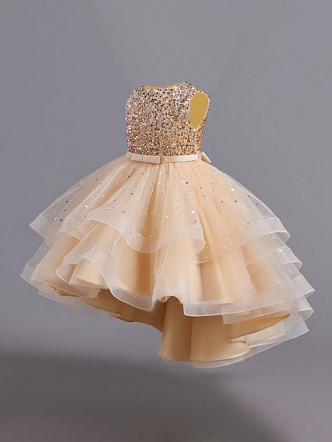 Glamorique Girls Luxury Red Sequin Sparkle Dress – Sleeveless Tulle Party Gown with Glitter Stars and Bow, Elegant Outfit for Christmas, Wedding, Holiday & Birthday