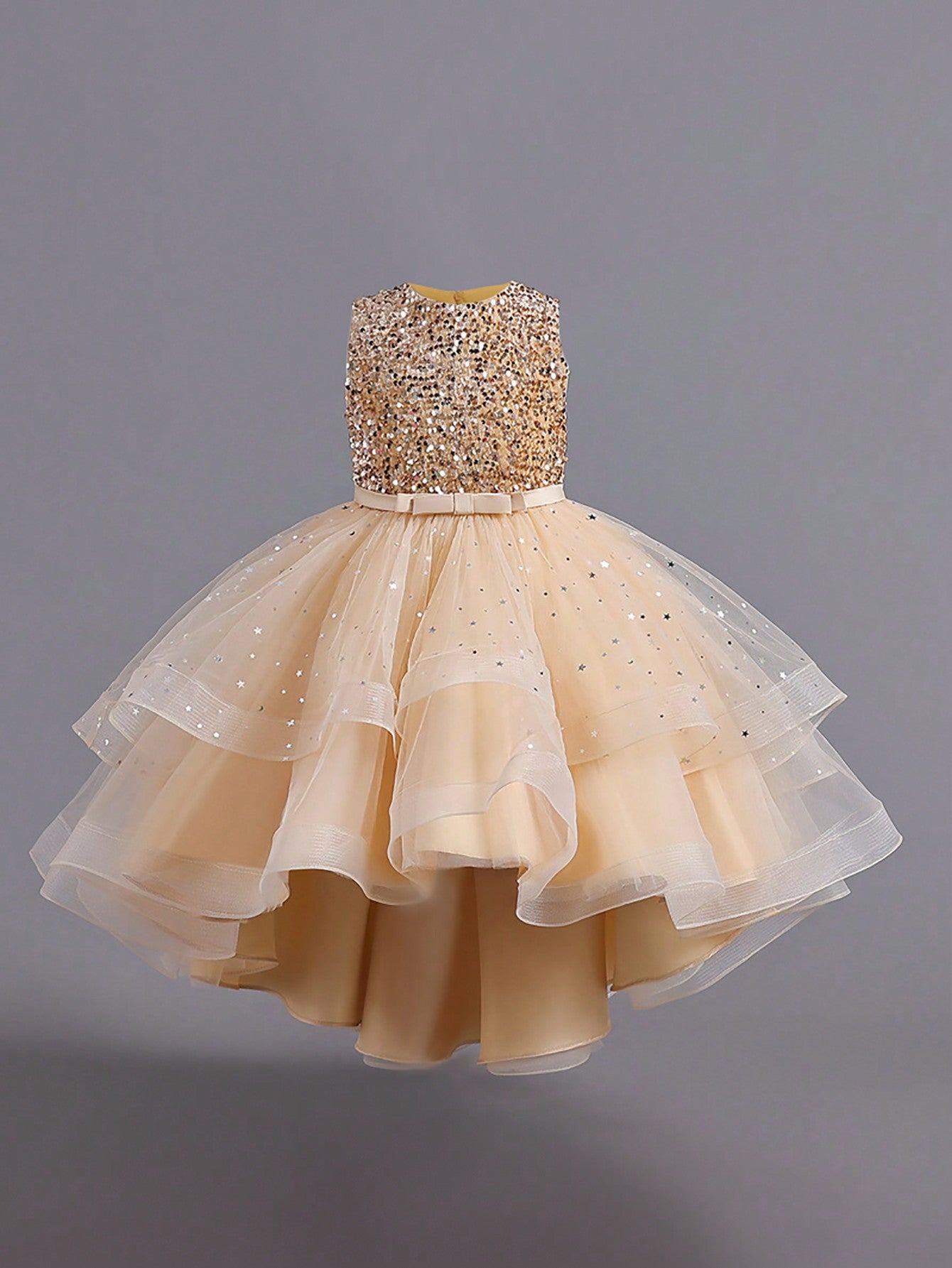 Glamorique Girls Luxury Red Sequin Sparkle Dress – Sleeveless Tulle Party Gown with Glitter Stars and Bow, Elegant Outfit for Christmas, Wedding, Holiday & Birthday