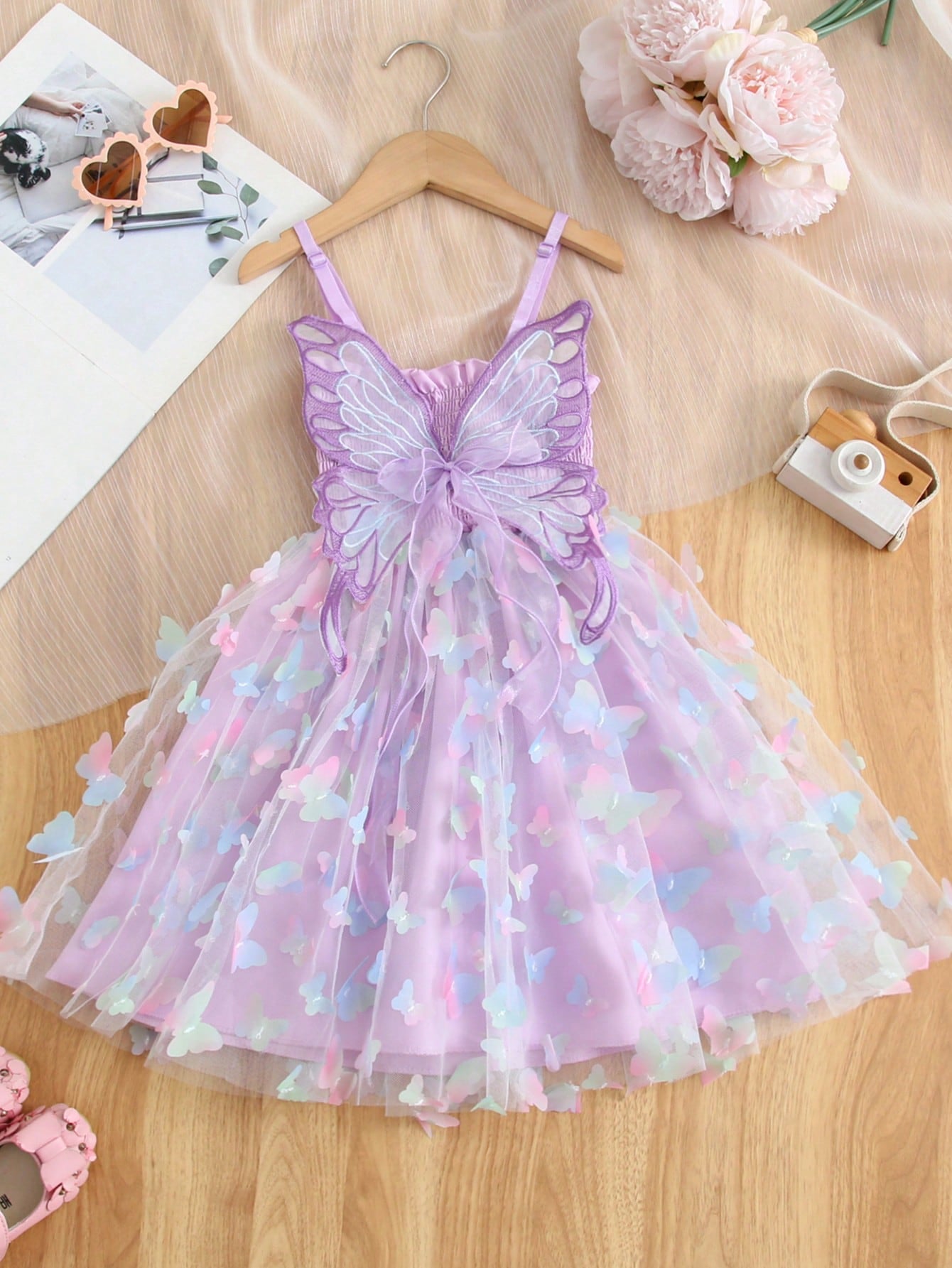 Young Girl Gorgeous Princess Dress With 3D Butterfly Decoration, Rainbow-Colored Straps, Perfect For Parties, Birthdays Or Summer Gifts