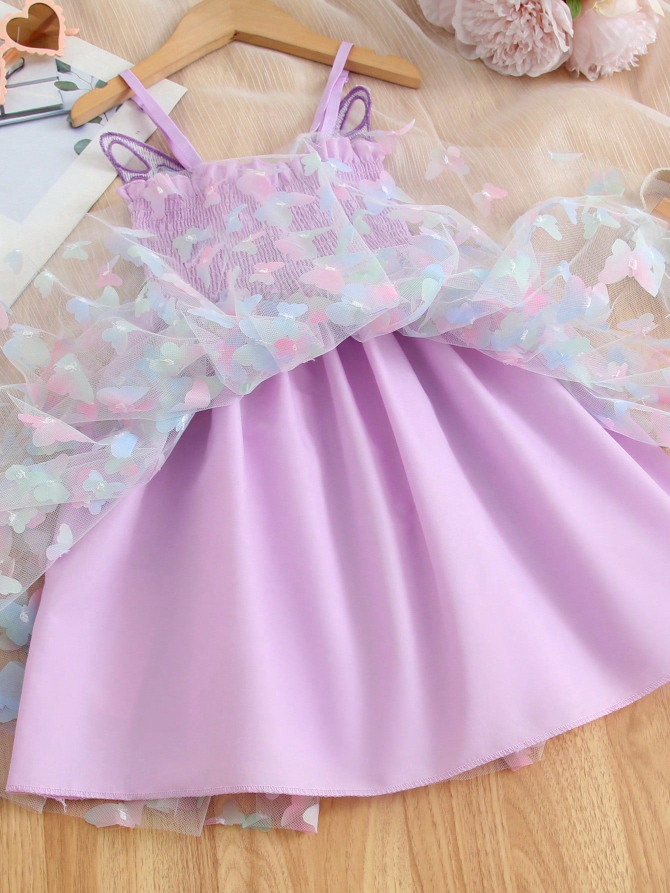 Young Girl Gorgeous Princess Dress With 3D Butterfly Decoration, Rainbow-Colored Straps, Perfect For Parties, Birthdays Or Summer Gifts