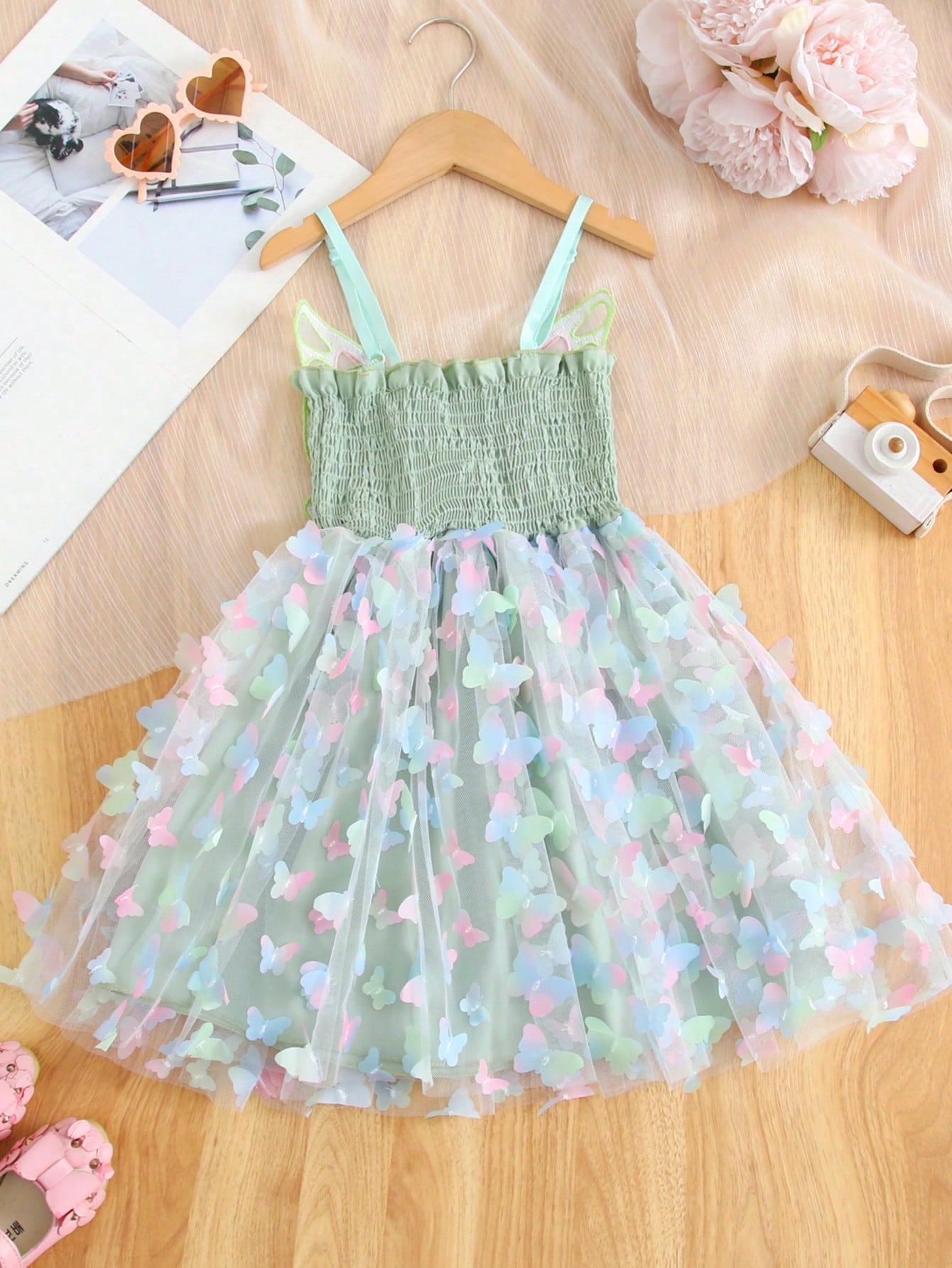 Young Girl Gorgeous Princess Dress With 3D Butterfly Decoration, Rainbow-Colored Straps, Perfect For Parties, Birthdays Or Summer Gifts
