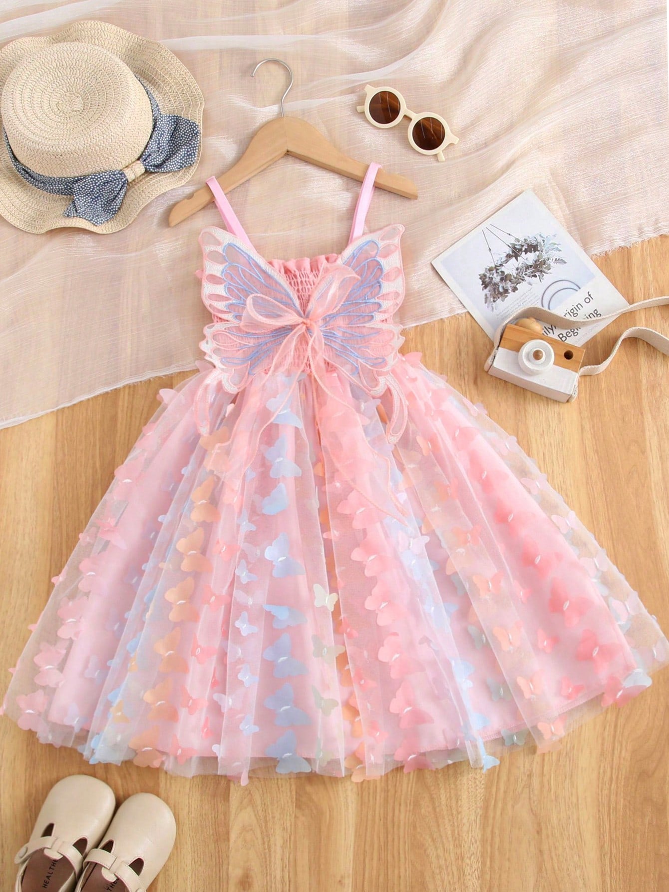 Young Girl Gorgeous Princess Dress With 3D Butterfly Decoration, Rainbow-Colored Straps, Perfect For Parties, Birthdays Or Summer Gifts