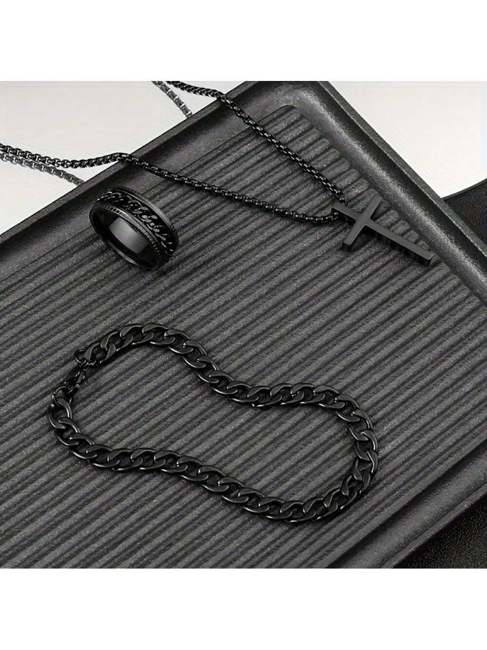 Men’s Stainless Steel Jewelry Set Black Cross Necklace Bracelet and Ring Versatile Fashion Gift for Christmas New Year Valentines Day