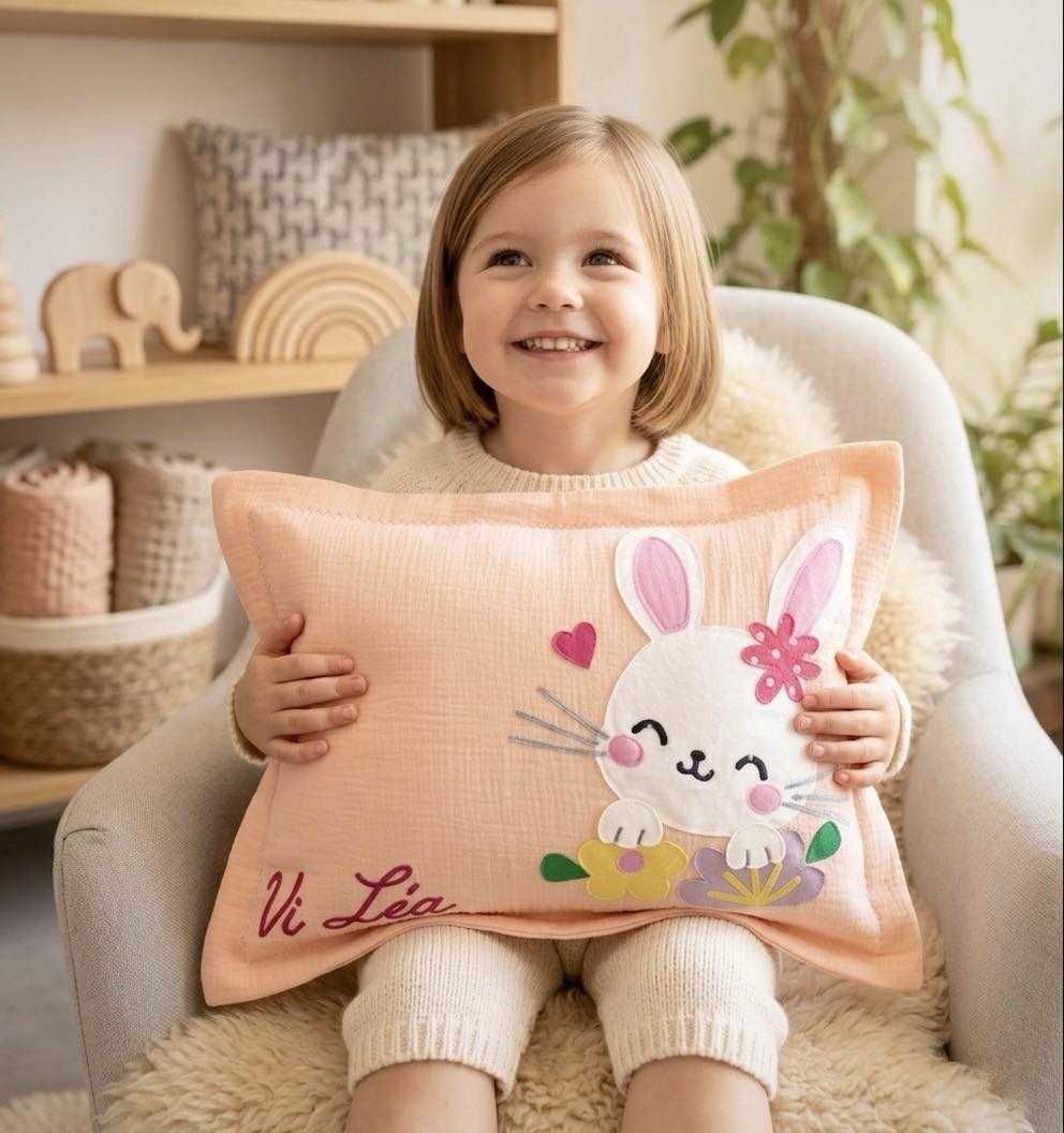 Personalized Sweet Bunny Muslin Pillow | Custom Name Floral Rabbit Nursery Bedding