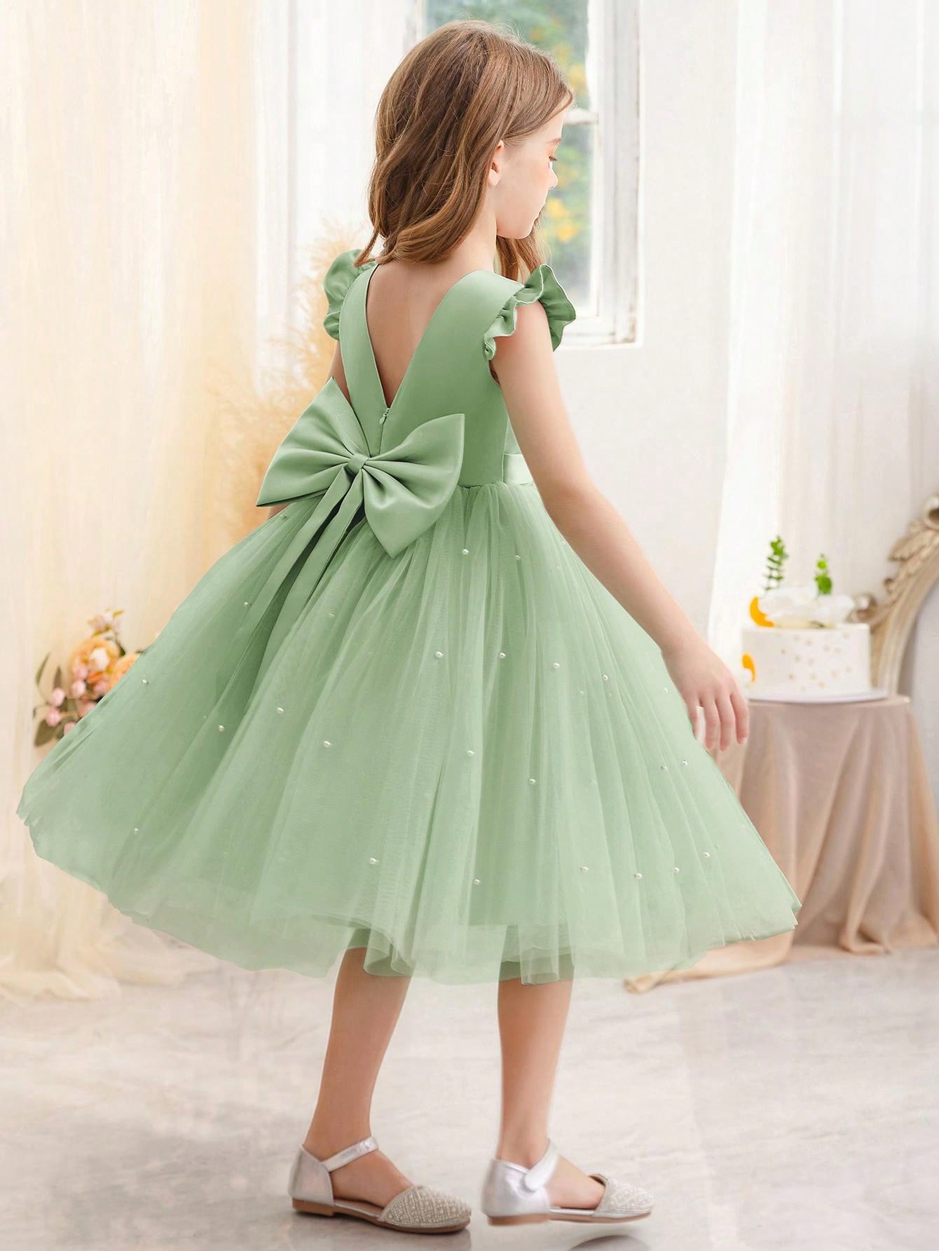Young Girl Ruffle Trim Mesh Party Princess Dress, Suitable For Birthday Party, Valentine's Day Gift, Prom, Party, Casual Daily, Instrument Show, Stage Performance