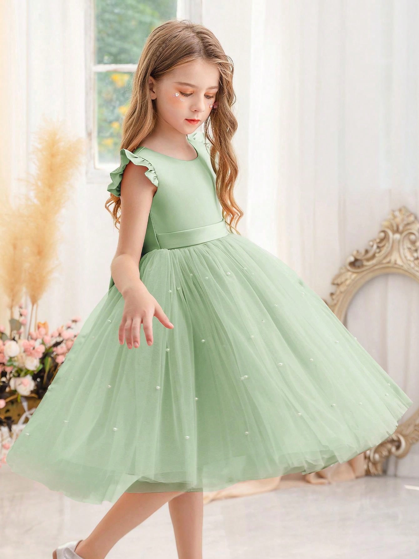 Young Girl Ruffle Trim Mesh Party Princess Dress, Suitable For Birthday Party, Valentine's Day Gift, Prom, Party, Casual Daily, Instrument Show, Stage Performance