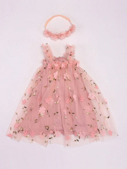 Young Girl Children Embroidered Flower Sleeveless Dress, Sweet Princess Dress, Mesh Puff With Matching Flower Headband