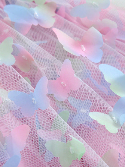 Young Girl Gorgeous Princess Dress With 3D Butterfly Decoration, Rainbow-Colored Straps, Perfect For Parties, Birthdays Or Summer Gifts