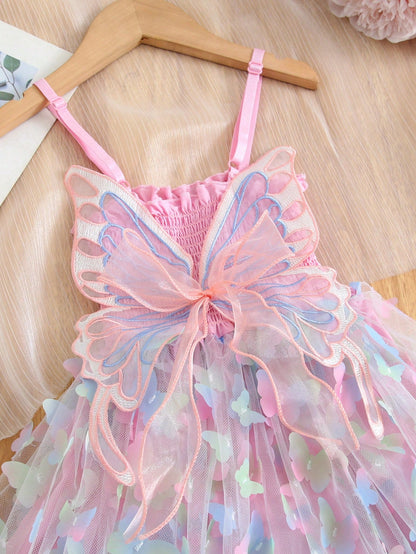 Young Girl Gorgeous Princess Dress With 3D Butterfly Decoration, Rainbow-Colored Straps, Perfect For Parties, Birthdays Or Summer Gifts