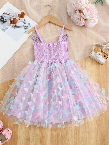 Young Girl Gorgeous Princess Dress With 3D Butterfly Decoration, Rainbow-Colored Straps, Perfect For Parties, Birthdays Or Summer Gifts
