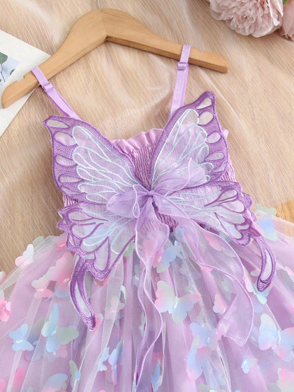 Young Girl Gorgeous Princess Dress With 3D Butterfly Decoration, Rainbow-Colored Straps, Perfect For Parties, Birthdays Or Summer Gifts