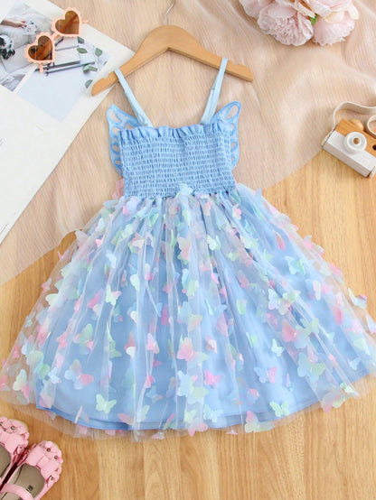 Young Girl Gorgeous Princess Dress With 3D Butterfly Decoration, Rainbow-Colored Straps, Perfect For Parties, Birthdays Or Summer Gifts