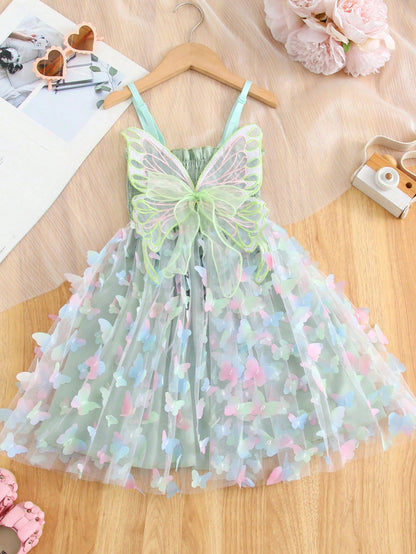 Young Girl Gorgeous Princess Dress With 3D Butterfly Decoration, Rainbow-Colored Straps, Perfect For Parties, Birthdays Or Summer Gifts