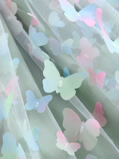 Young Girl Gorgeous Princess Dress With 3D Butterfly Decoration, Rainbow-Colored Straps, Perfect For Parties, Birthdays Or Summer Gifts