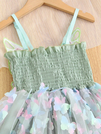 Young Girl Gorgeous Princess Dress With 3D Butterfly Decoration, Rainbow-Colored Straps, Perfect For Parties, Birthdays Or Summer Gifts