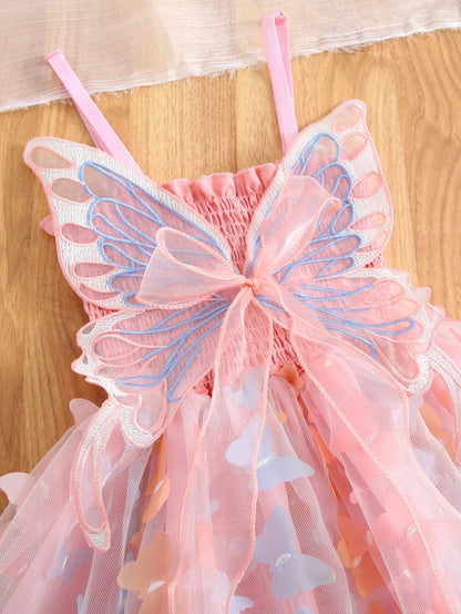 Young Girl Gorgeous Princess Dress With 3D Butterfly Decoration, Rainbow-Colored Straps, Perfect For Parties, Birthdays Or Summer Gifts