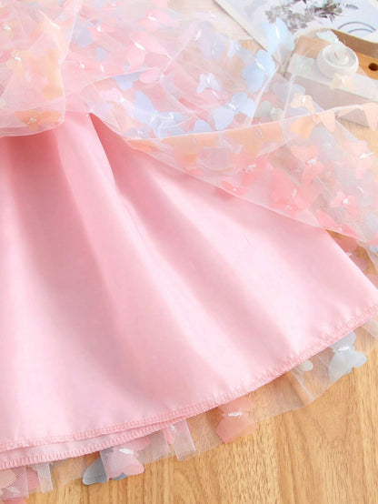 Young Girl Gorgeous Princess Dress With 3D Butterfly Decoration, Rainbow-Colored Straps, Perfect For Parties, Birthdays Or Summer Gifts