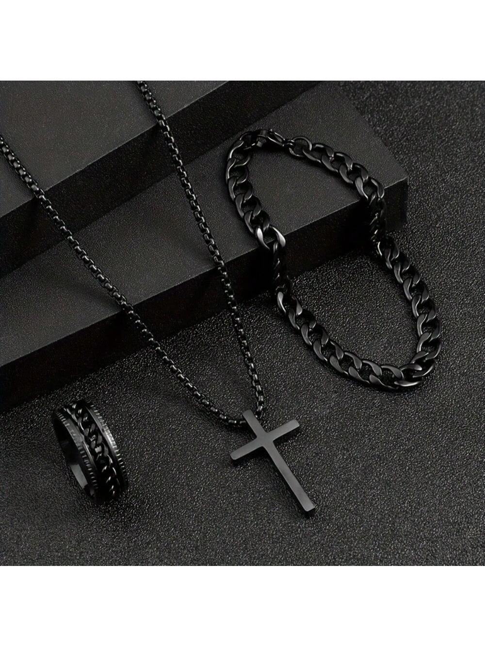 Men’s Stainless Steel Jewelry Set Black Cross Necklace Bracelet and Ring Versatile Fashion Gift for Christmas New Year Valentines Day