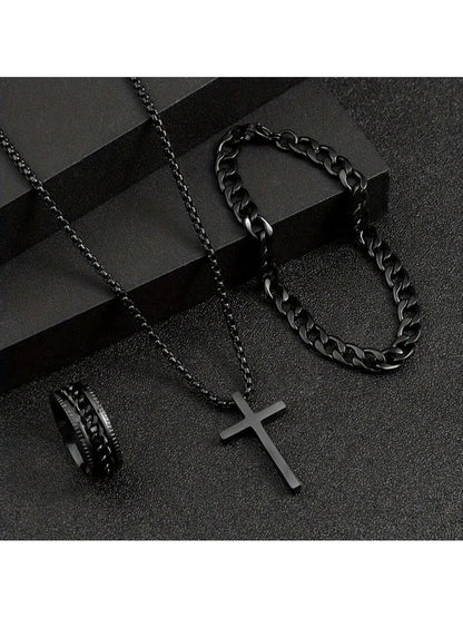 Men’s Stainless Steel Jewelry Set Black Cross Necklace Bracelet and Ring Versatile Fashion Gift for Christmas New Year Valentines Day