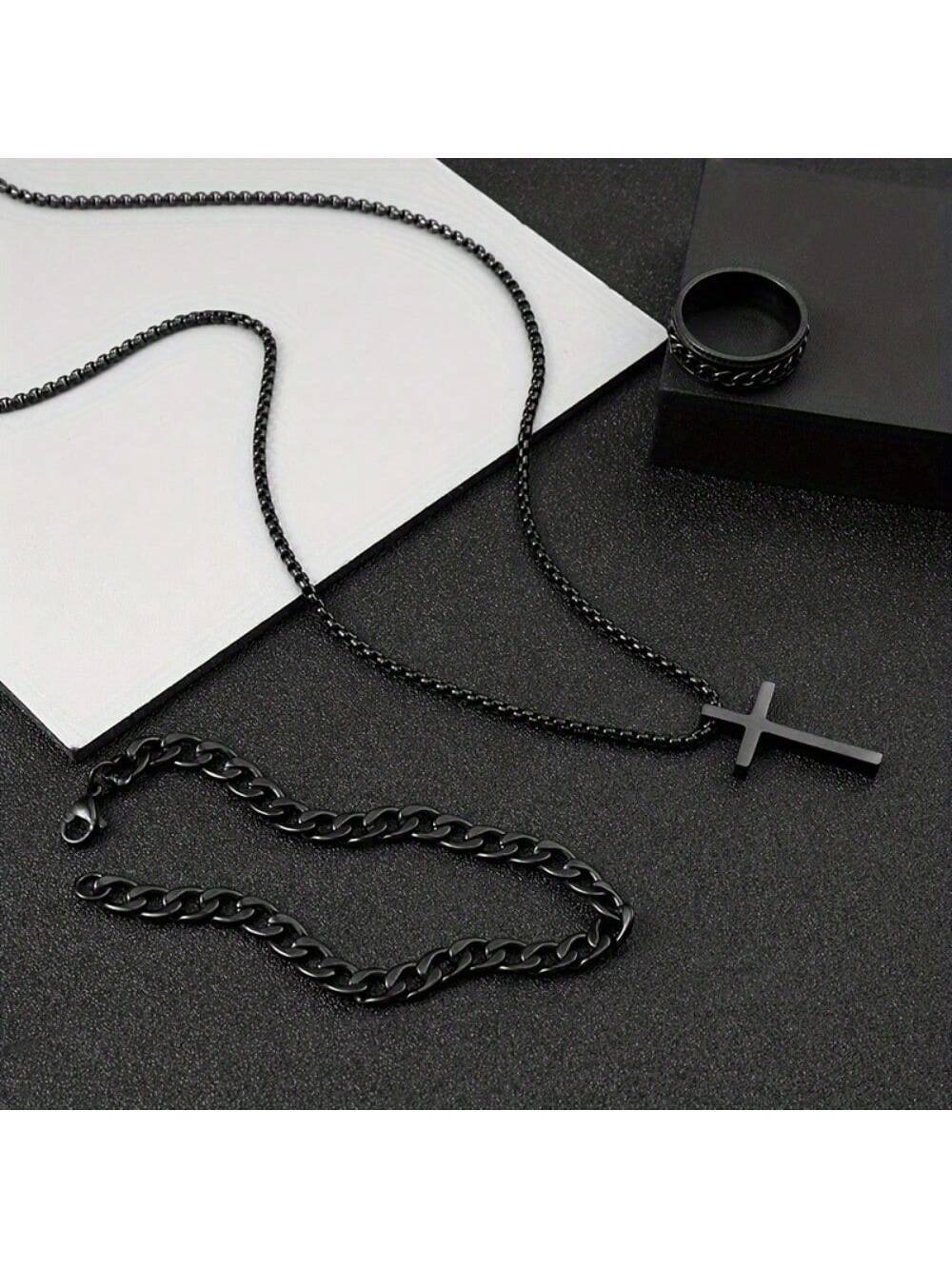 Men’s Stainless Steel Jewelry Set Black Cross Necklace Bracelet and Ring Versatile Fashion Gift for Christmas New Year Valentines Day