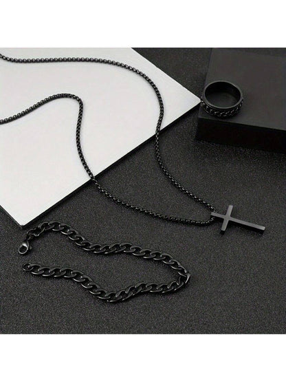 Men’s Stainless Steel Jewelry Set Black Cross Necklace Bracelet and Ring Versatile Fashion Gift for Christmas New Year Valentines Day
