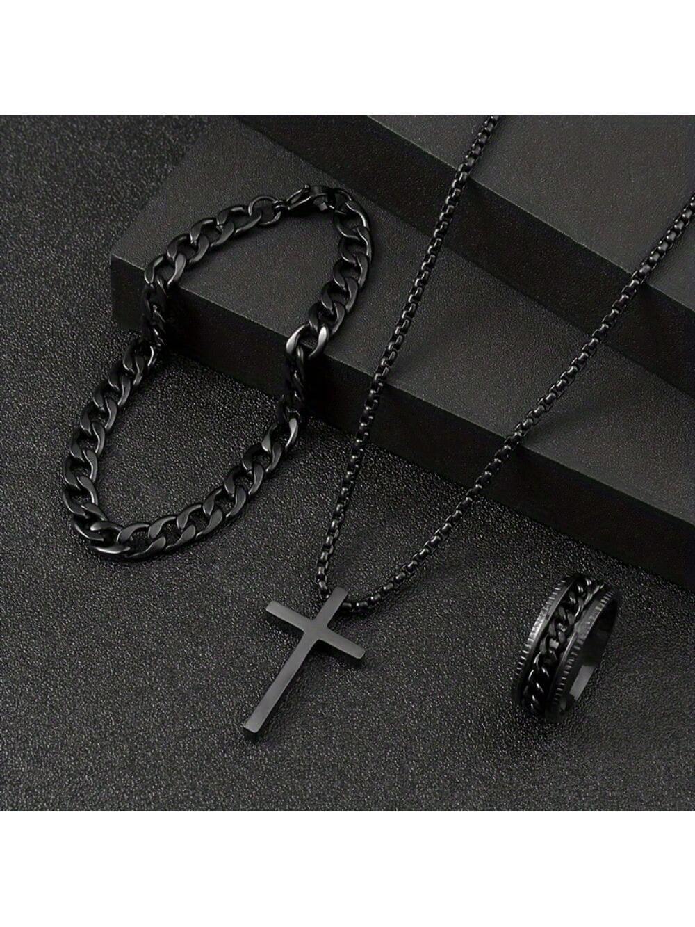 Men’s Stainless Steel Jewelry Set Black Cross Necklace Bracelet and Ring Versatile Fashion Gift for Christmas New Year Valentines Day