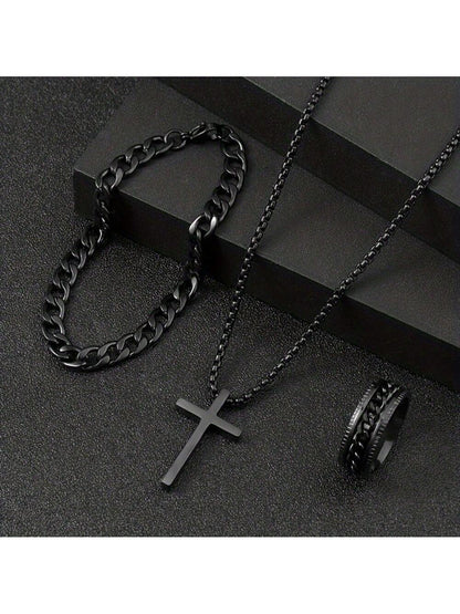 Men’s Stainless Steel Jewelry Set Black Cross Necklace Bracelet and Ring Versatile Fashion Gift for Christmas New Year Valentines Day