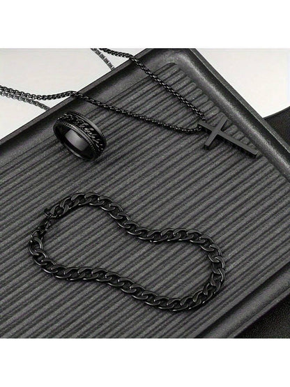 Men’s Stainless Steel Jewelry Set Black Cross Necklace Bracelet and Ring Versatile Fashion Gift for Christmas New Year Valentines Day