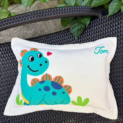 Personalized Friendly Dino Muslin Pillow | Custom Name Dinosaur-Themed Toddler Bedding