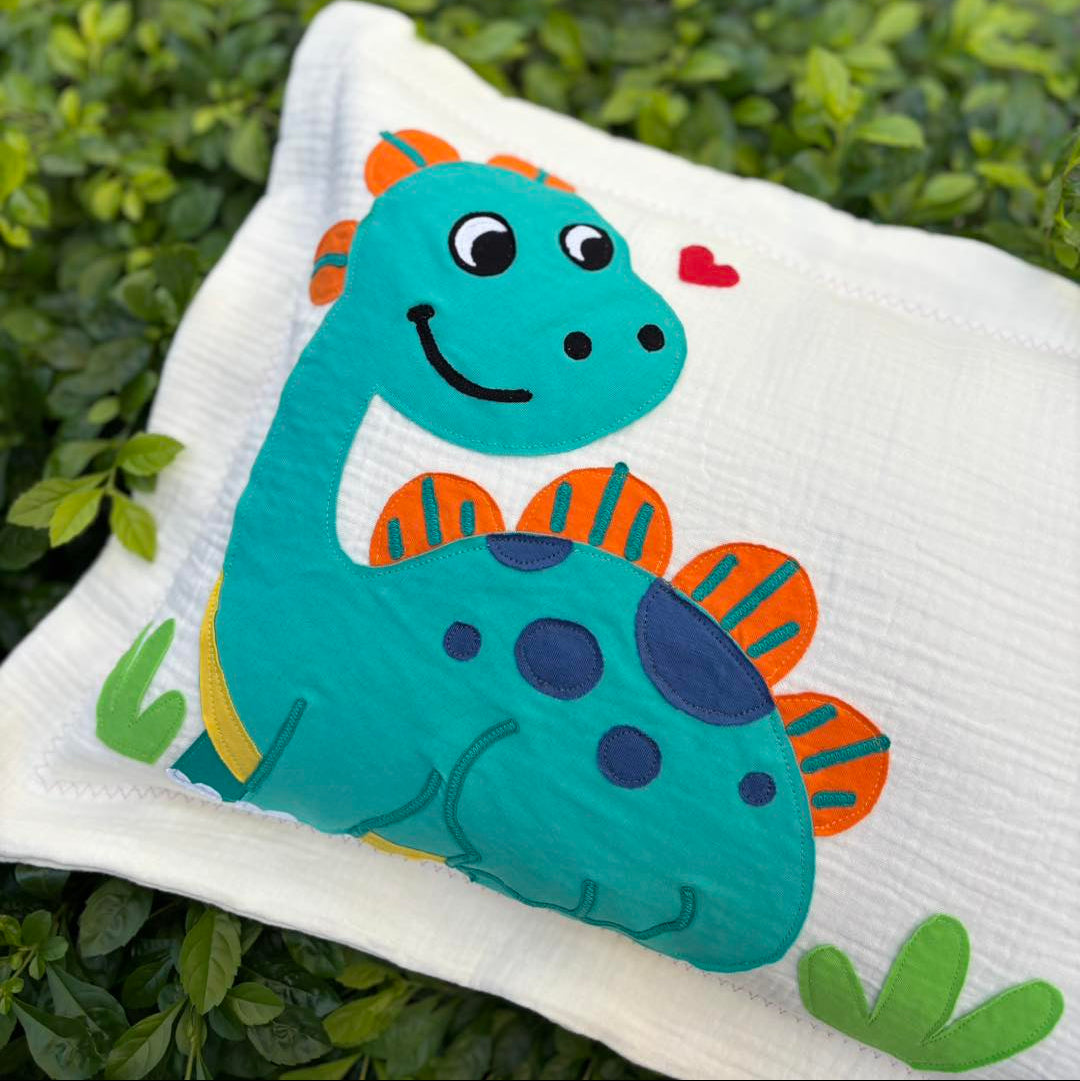 Personalized Friendly Dino Muslin Pillow | Custom Name Dinosaur-Themed Toddler Bedding